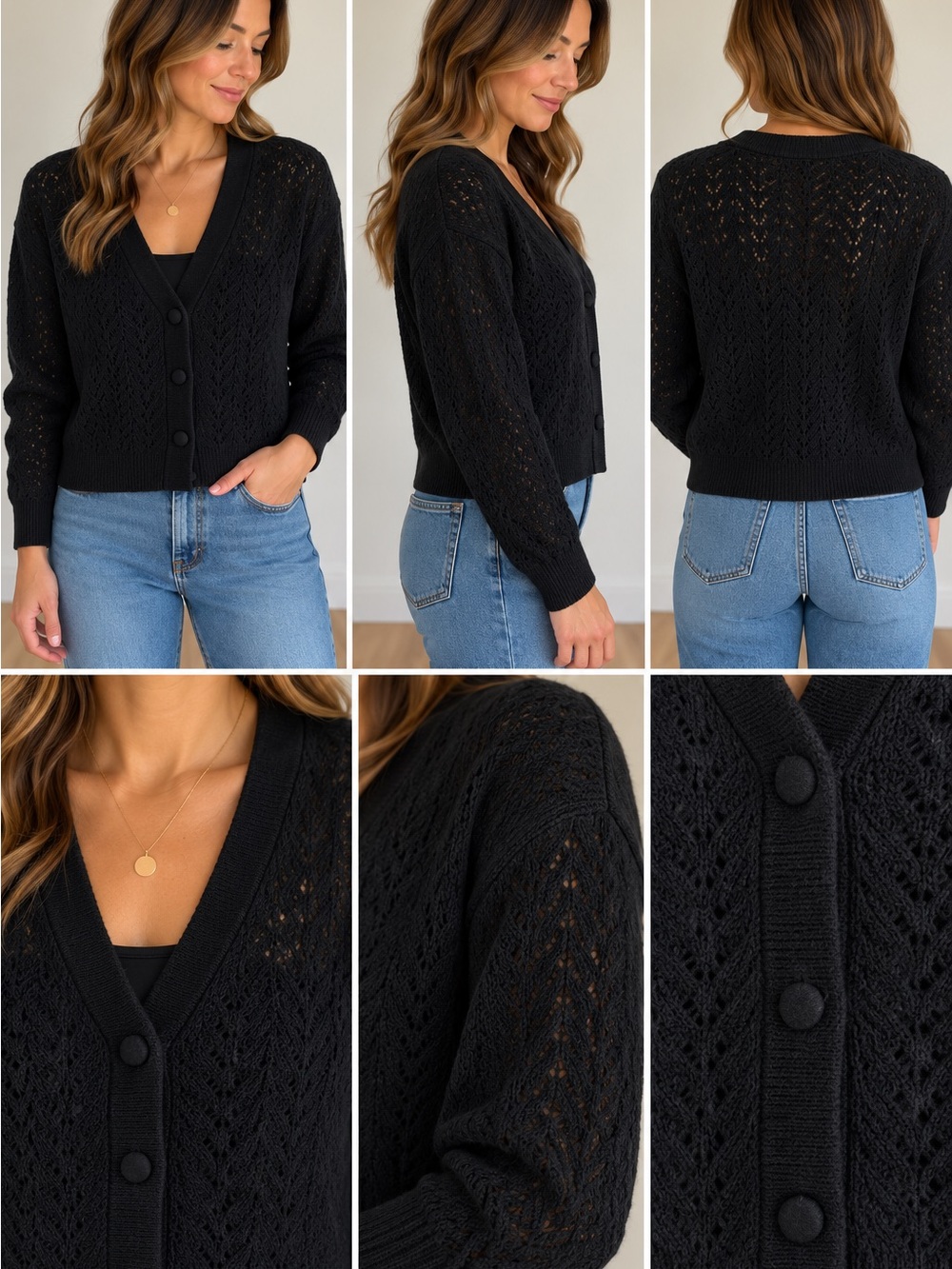 Reitmans Black V-Neck Button Front Crochet-Knit Cardigan